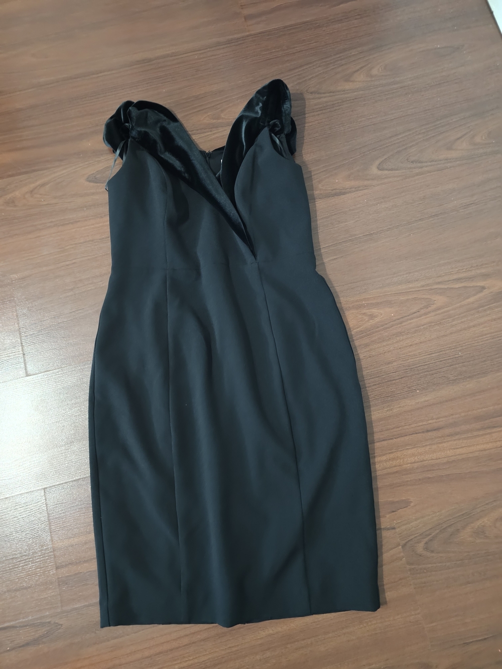 Eliza J Black V-Neck Midi Dress with Satin Trim